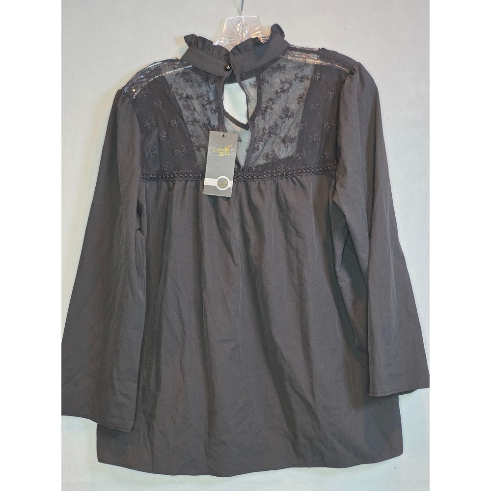 Style Dome Black Lace Mesh High Neck Ruffle Blouse Victorian Long Sleeve Top